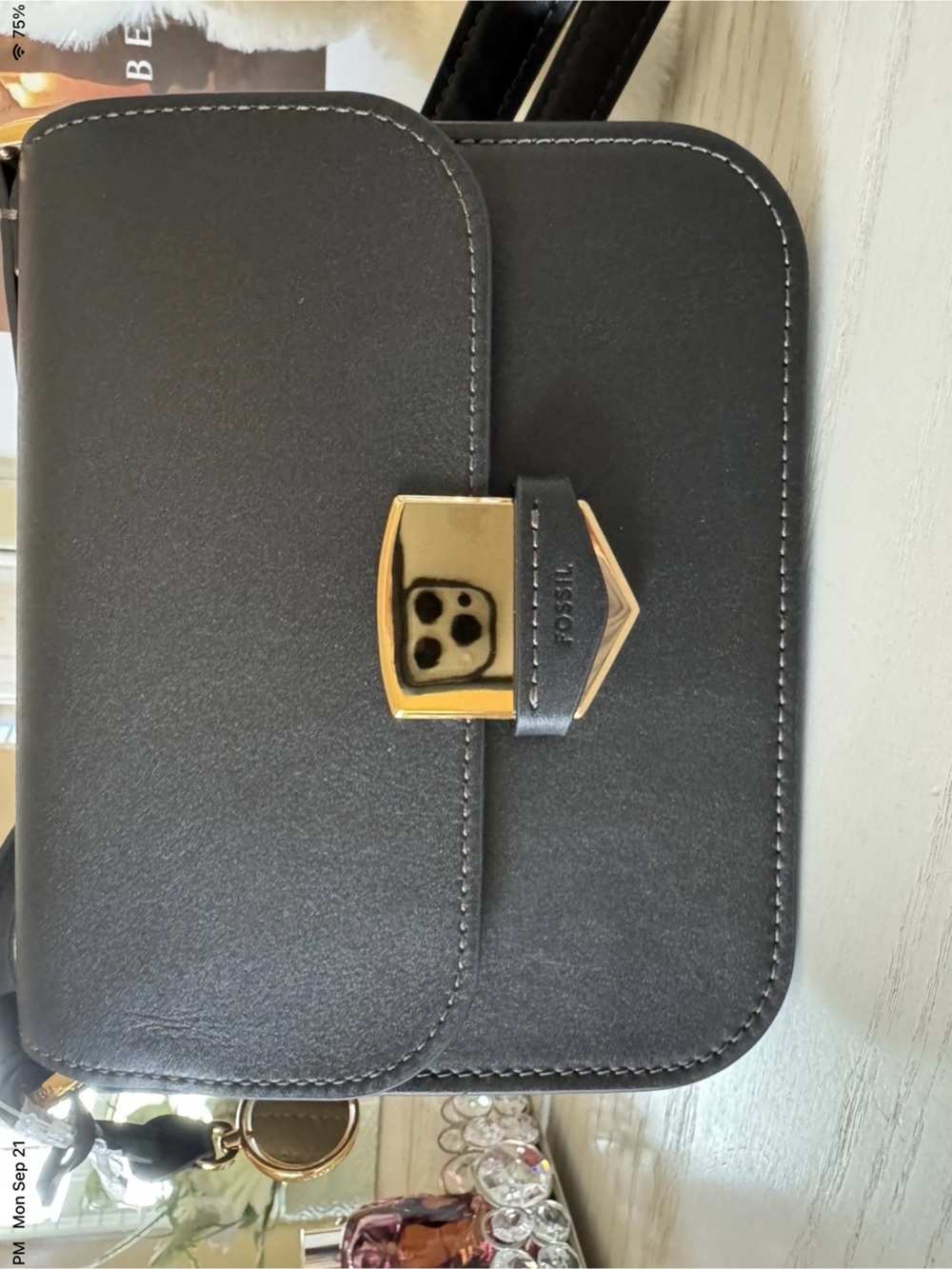 Fossil Lennox Flap Black Leather Belt Bag with Gold-Tone Clasp